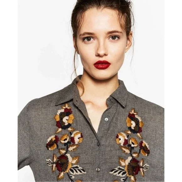 Zara Embroidered Swing Tunic Shirt Dress Size Large Grey Flannel Fall Shacket - Picture 4 of 15